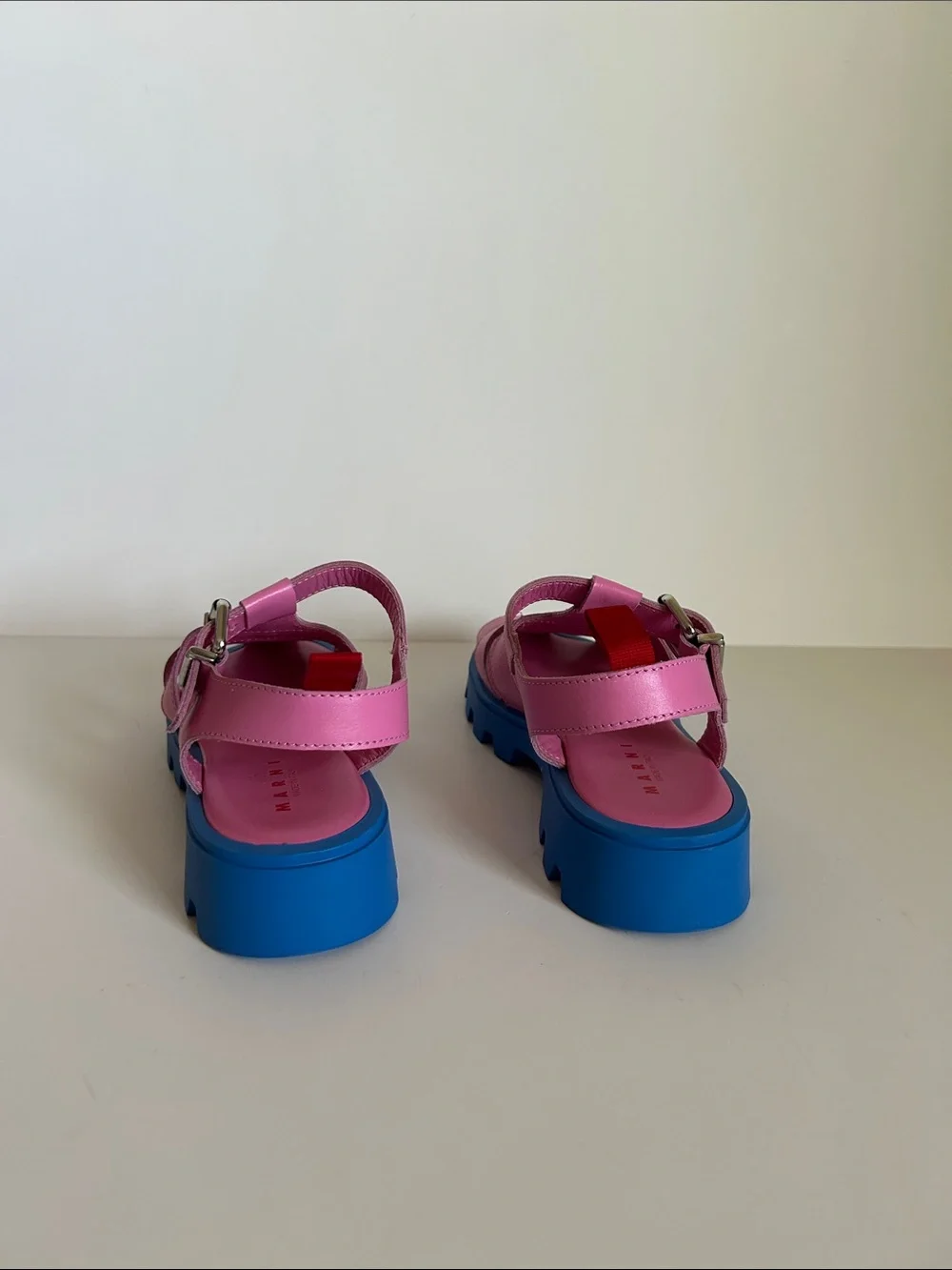 Marni Pink Leather Kids Sandals with Blue Lug Sole